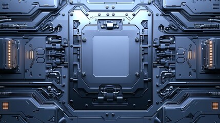 Fototapeta premium A futuristic, metallic panel showcasing intricate circuitry and technology design, suggesting advanced industrial applications.