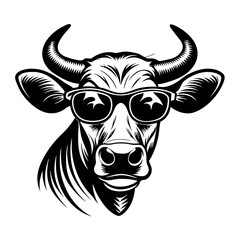 a black and white illustration of a cow's head. The cow has two large horns on its head and is wearing a pair of sunglasses