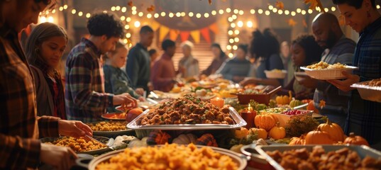 Thanksgiving Potluck Gathering in Community Hall with Diverse Dishes and Festive Decorations