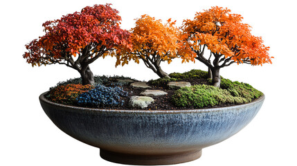 Naklejka premium A single pot containing a garden representing all four seasons, set against a PNG background