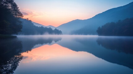 Obraz premium Tranquil Mountain Lake at Sunrise with Mist and Reflections