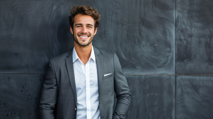 Image of a happy brunette man wearing formal clothes, smiling at the camera with hands in pockets.