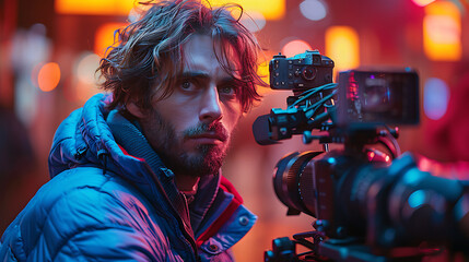 Professional Movie Cameraman with Professional Gear [created with generative AI technology]