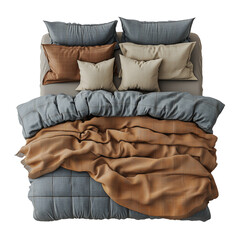 A top-down view of a bed, with neatly arranged pillows and blankets, presented as a floor plan layout against a pure PNG background.