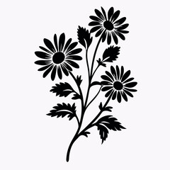 a black and white silhouette of a bunch of flowers. The flowers are daisies with five petals each and a yellow center. The stems and leaves are long and thin, with a few small buds scattered throughou