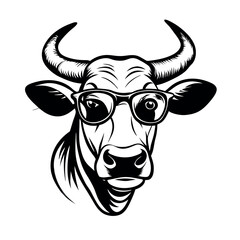 a black and white illustration of a cow's head. The cow has two large horns on its head and is wearing a pair of sunglasses