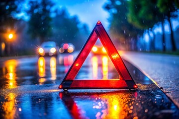 A red triangle with a lit up light on it is on the road