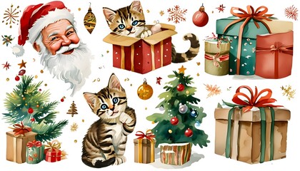 Joyful Christmas Stickers Featuring Santa Claus, Playful Kitten, Festive Tree, Ornaments, and Merry New Year Greetings in Colorful Watercolor Style