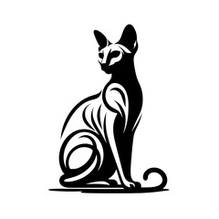 A Cornish Rex black and white cat is sitting on a white background. The cat has a very elegant and graceful appearance