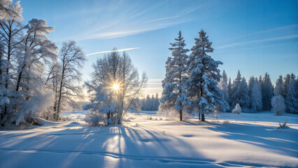 Obraz premium Breathtaking winter landscape with sun shining through snow-covered trees and pristine white snow