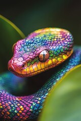 Fototapeta premium Close-up of a vibrant multicolored snake resting among green leaves.