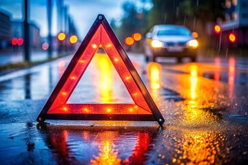 A red triangle with a lit up light on it is on the road