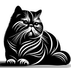 Exotic Shorthair black and white cat is sitting on a ledge. The cat has a very long tail and is looking at the camera