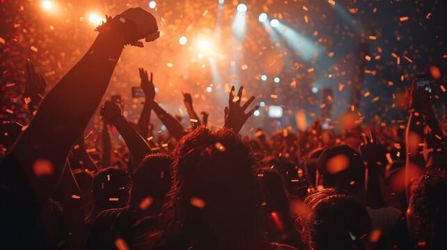 In the midst of the night, a concert festival's main event draws an enthusiastic unrecognizable crowd, all cheering in front of a brilliantly illuminated stage. Lens flare adds 