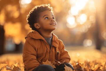diverse kid playing with autumn leaves in the park backlit copy space right, looking up in his future. Banking, accounts for children in bank, education, family time. 