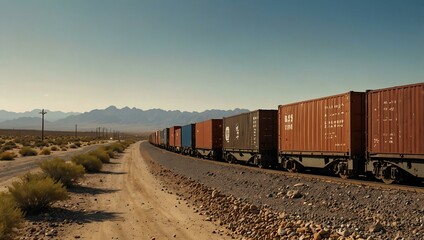 Obraz premium Freight train with cargo containers moving through a desert.