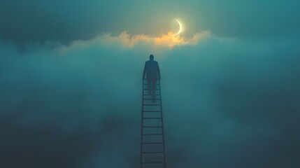 A man is climbing up a ladder, with fog in front of him and a sky background. The picture shows an atmosphere full of mystery and depth. 