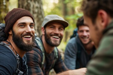 Fototapeta premium Guys night out - diverse men friends at hiking trip smiling. Men on adventure together. Male friendship. Bromance. 