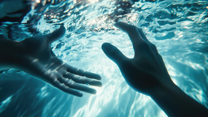 Two hands reaching out underwater in a moment of connection