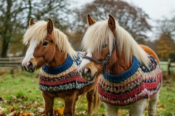 adorable cute pony horses in knitted Christmas sweaters in Scotland Highlands scenic landscape. Holiday season cuteness.