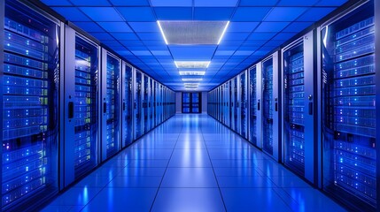 Data Center Management - Create an intricate data center with rows of servers, advanced cooling systems, and power supplies glowing with blue LED lights, showcasing efficient management
