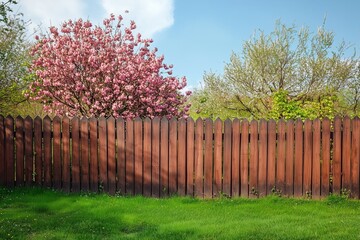 Fototapeta premium Wooden fence in the backyard and trees blooming in spring