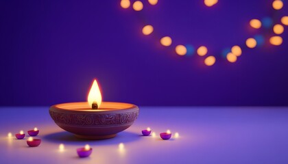 3D illustration of a Diwali lamp, with glowing candles in the background, on a purple background, with colorful lights, a detailed illustration