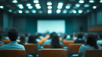 Blurred audience in dimly lit auditorium facing bright projection screen, creating atmospheric contrast between darkness and illumination during presentation.