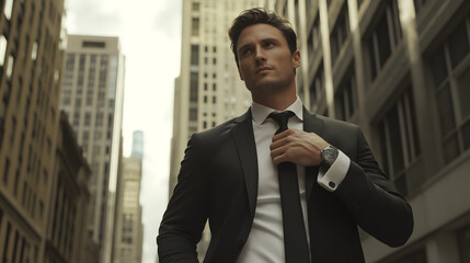 Fototapeta premium The image shows a man standing outdoors in an urban setting, dressed in a sharp black suit, white dress shirt
