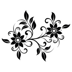 Fototapeta premium a black and white silhouette of a bunch of flowers. The flowers are daisies with five petals each and a yellow center. The stems and leaves are long and thin, with a few small buds