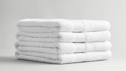 Pristine stack of plush white towels neatly folded, embodying cleanliness and luxury in a minimalist setting, perfect for spa or hotel amenities.