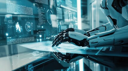 a sleek modern desk with a digital notepad where an cool robot script writer is typing out ideas surrounded floating concept art, dialogue snippets 