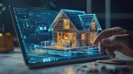 A tiny house model on a digital tablet, with a futuristic interface showing potential buyers virtual walkthrough options and interactive floor plans, y