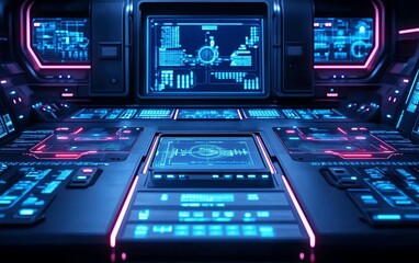 Obraz premium A futuristic control panel with glowing screens and buttons, designed for advanced technology operations.