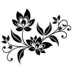 a black and white line drawing of a floral design. The design is made up of three flowers with intricate details and swirls