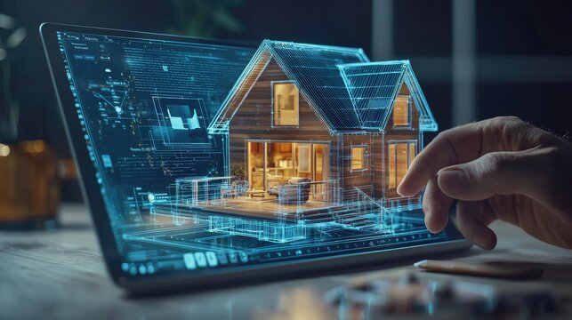 A tiny house model on a digital tablet, with a futuristic interface showing potential buyers virtual walkthrough options and interactive floor plans, y