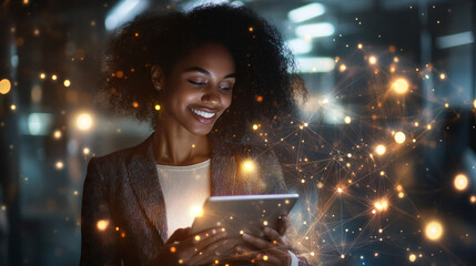 Businesswoman happily using a tablet with a network effect overlay against a nighttime cityscape