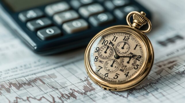 A vintage pocket watch sitting on top of a financial newspaper with a stock chart and tabular display showing the time, symbolizing an overheated 