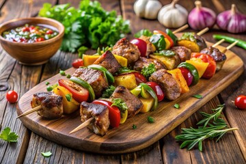 A plate of skewers with vegetables and a bowl of sauce