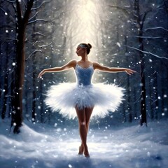 A ballerina in a white dress dances in the forest, in the snow, it's snowing,