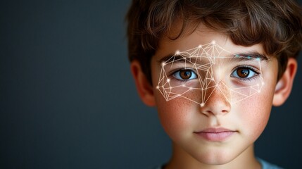 Futuristic facial recognition technology overlaid on a young boy's face, showcasing advanced biometric scanning and digital identity concepts.