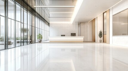 Naklejka premium Sleek modern office lobby with expansive glass windows, pristine white floors, and minimalist reception desk bathed in natural light, exuding corporate elegance.