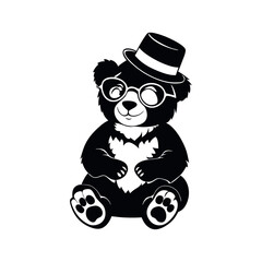 a black and white illustration of a teddy bear sitting on its hind legs. The bear is wearing a top hat and glasses, and has a pair of paw prints on its feet 