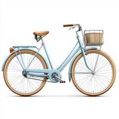 A stylish blue bicycle with a basket, perfect for leisurely rides and exploring urban landscapes, white background