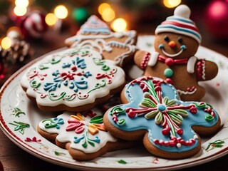 The cookies are adorned with icing and colorful decorations, capturing the essence of holiday baking and seasonal delight.