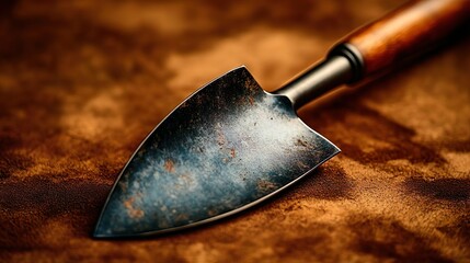 gardening shovel with wooden handle. close-up photo