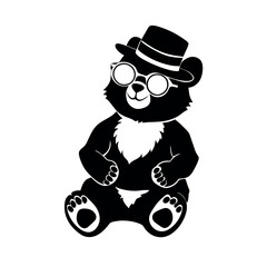 a black and white illustration of a teddy bear sitting on its hind legs. The bear is wearing a top hat and glasses, and has a pair of paw prints on its feet  © Dream Is Power