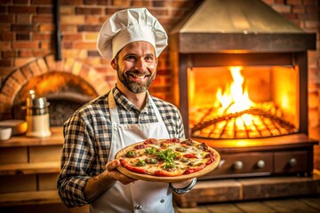 A smiling chef holding a pizza in front of a brick oven