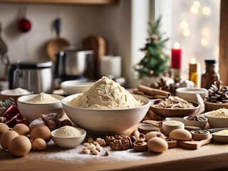 Fototapeta premium A detailed photo of holiday baking ingredients neatly arranged on a kitchen counter, ready for creating festive treats. 