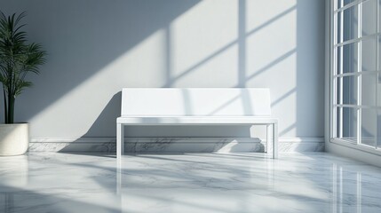 Obraz premium luxury interior design featuring a white bench on marble flooring perfect for illustrating classic elegance, polished textures, and indoor decor